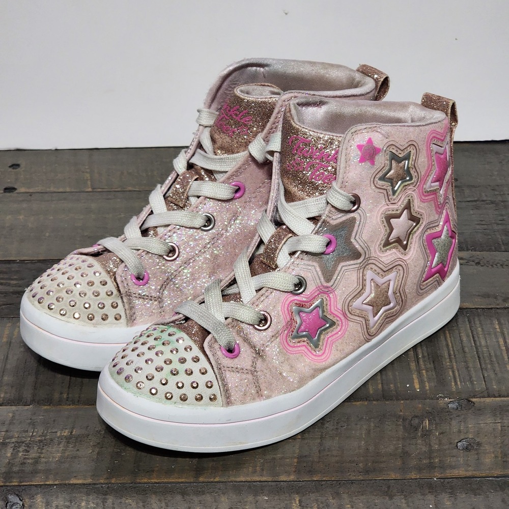 Skechers Twinkle Toes Hi Top Light Up Sneakers Kids Size 2 Pink Star Glitz Shoe